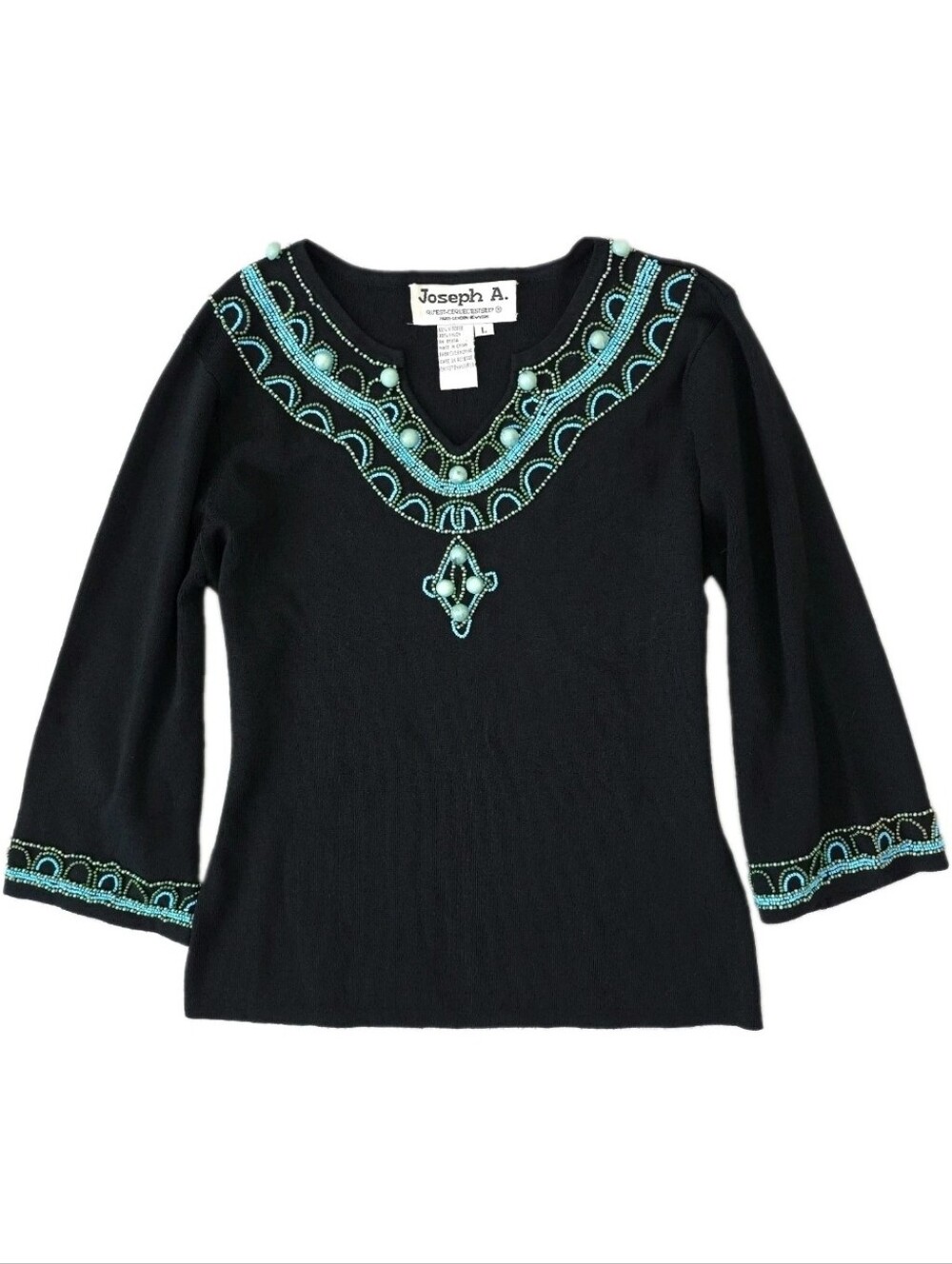 Joseph A Top Womens Large Beaded Vintage Blouse Y2K 3/4 Bell Sleeve Stretch Knit